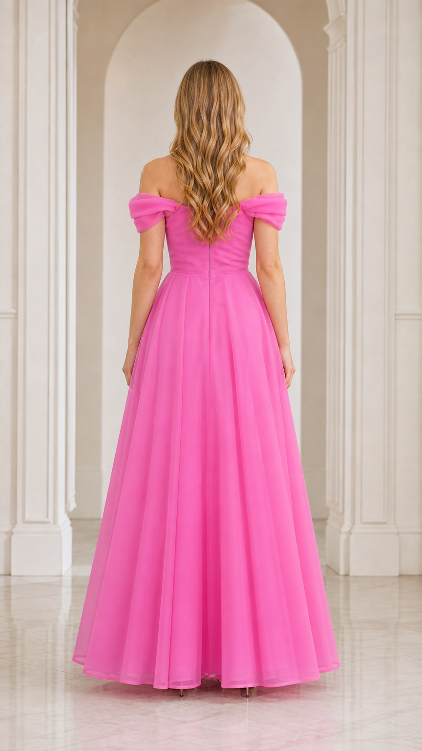 Back view of hot pink off-the-shoulder evening gown with zip closure