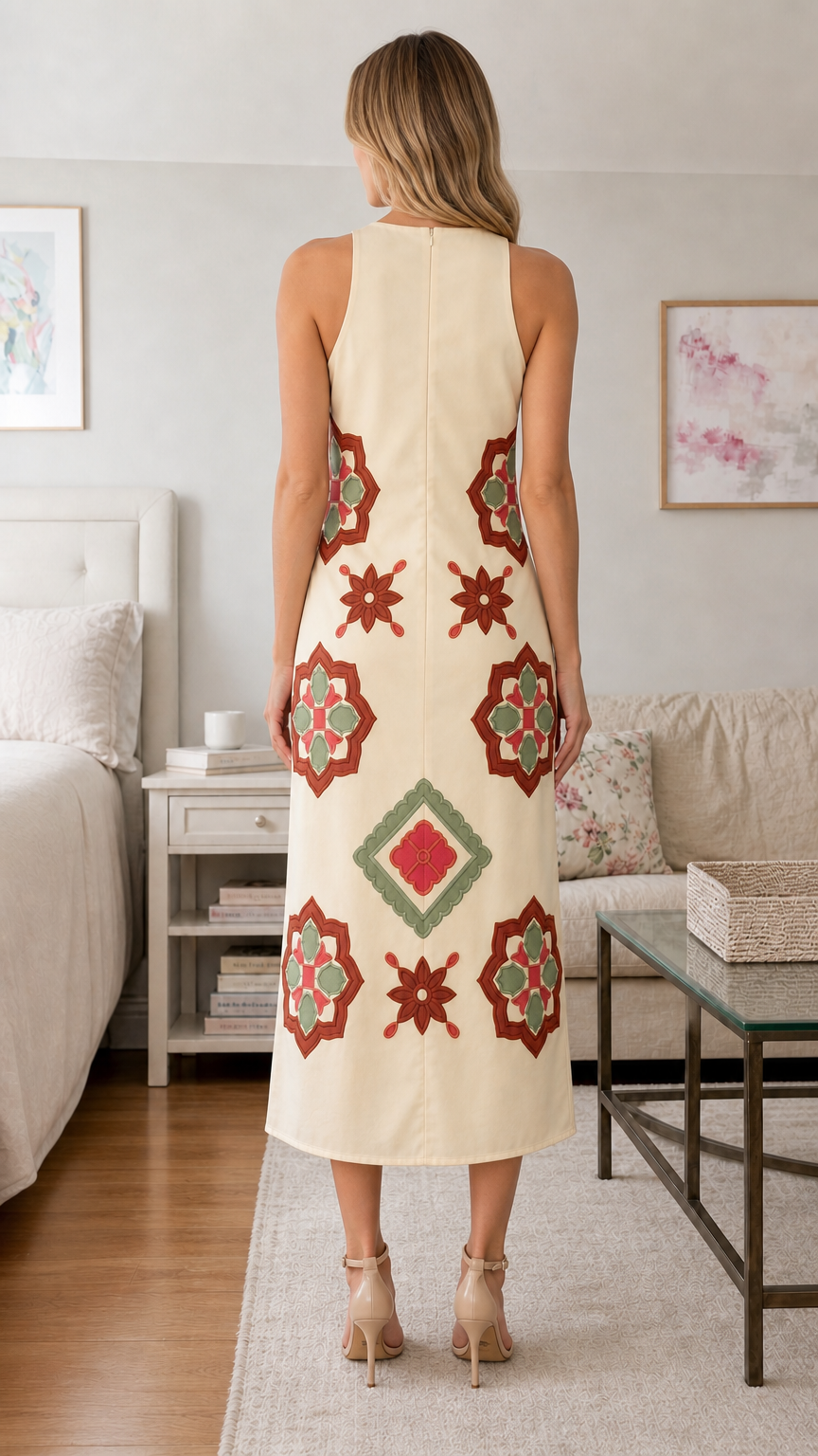 Back view of cream geometric embroidered midi dress
