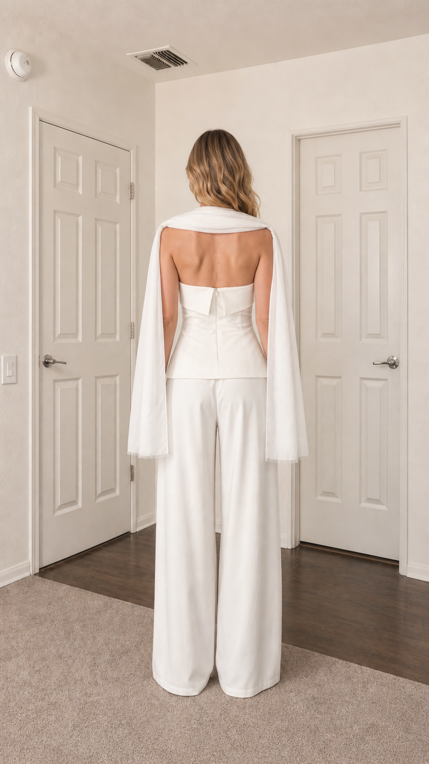 Back view of model in white strapless top and trousers