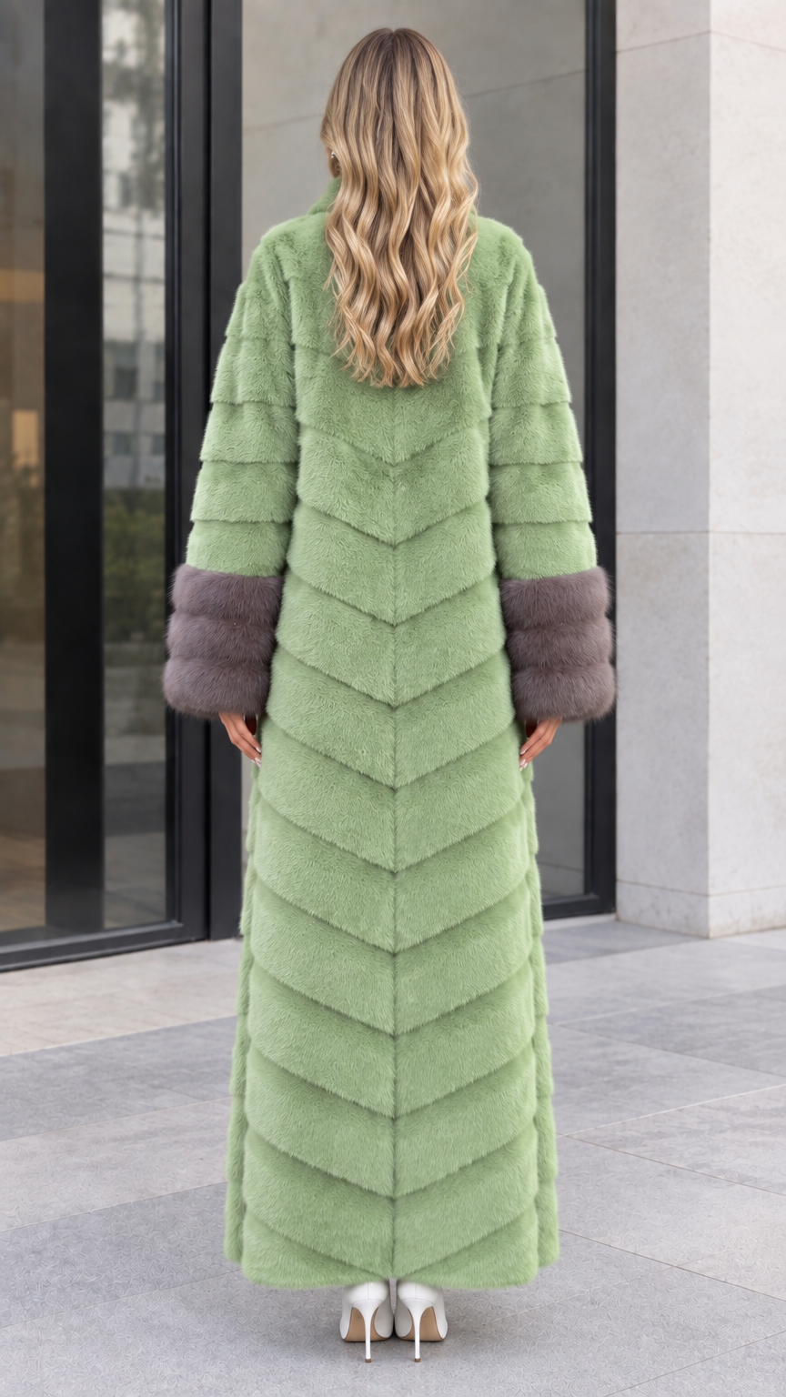 Back view of women's sage green chevron faux fur maxi coat