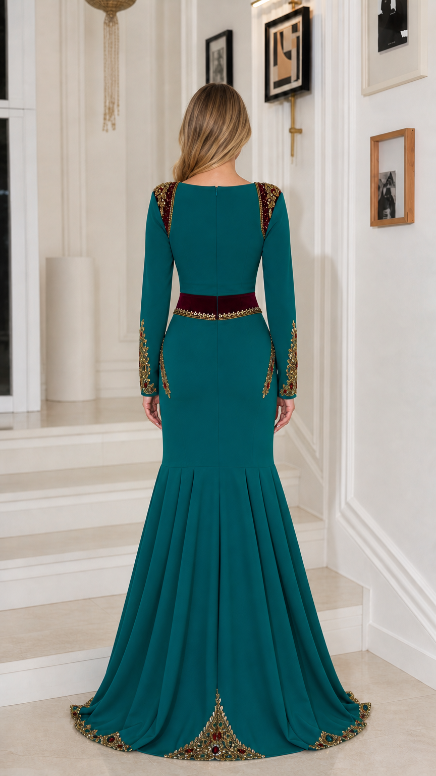 Back view of teal floor-length mermaid gown showing fit and train