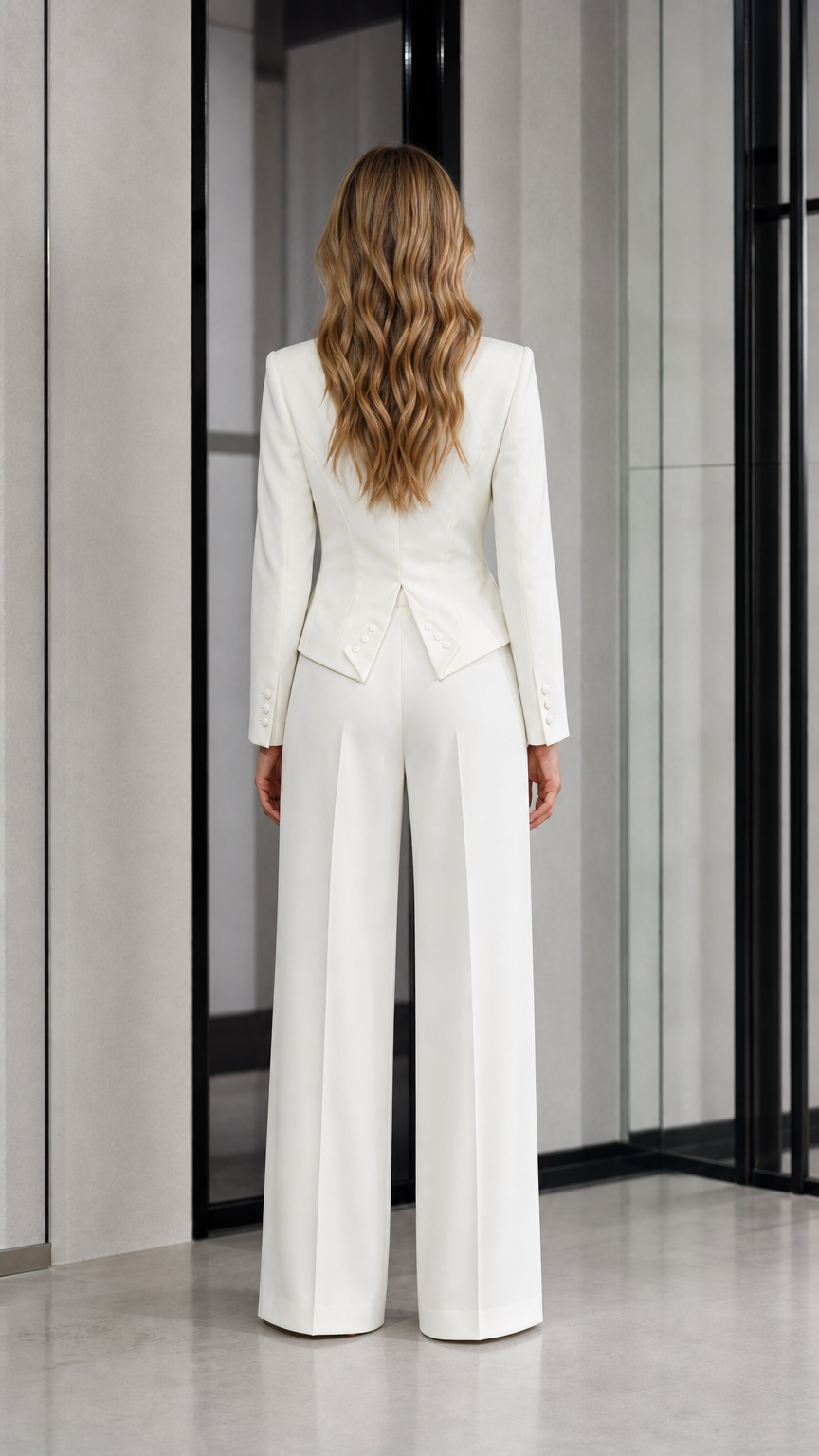 Back view of woman wearing white tailored suit set with flared hem detail
