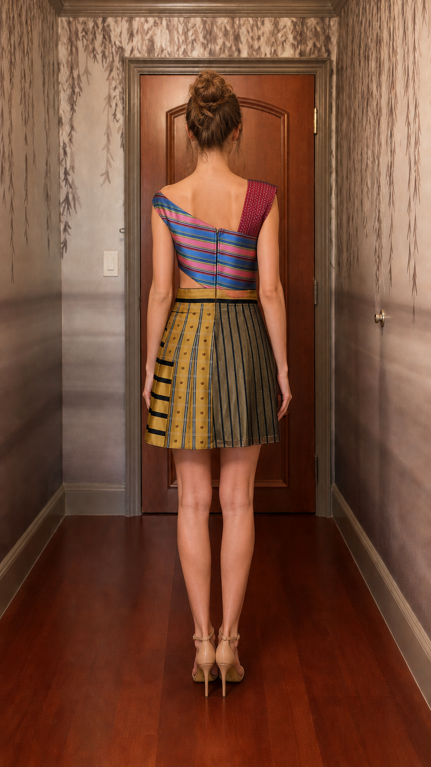 Back view of gold striped cutout mini dress
