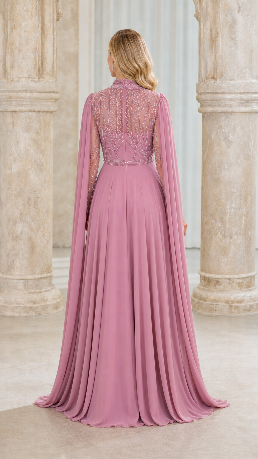Back view of mauve evening dress showing cape detail