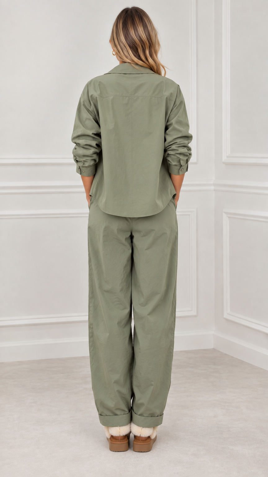 Back full view of woman wearing sage green relaxed utility tracksuit set
