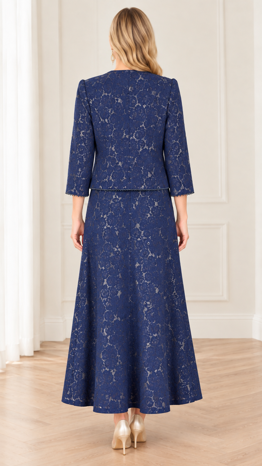 Back view of navy blue floral lace maxi dress and matching bolero jacket