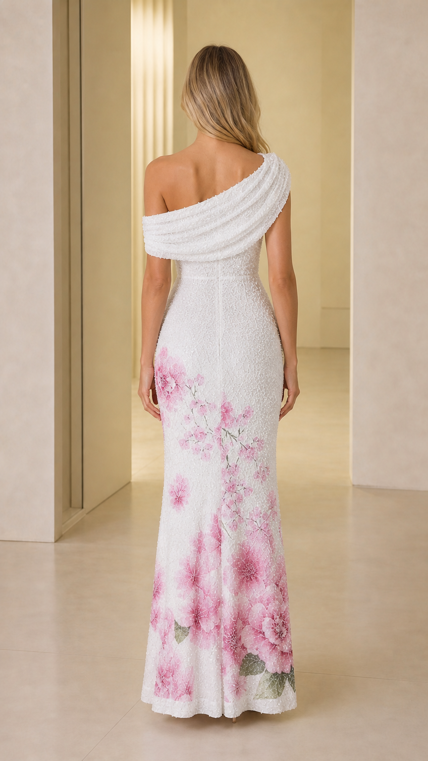 Back view of white one-shoulder floral evening dress