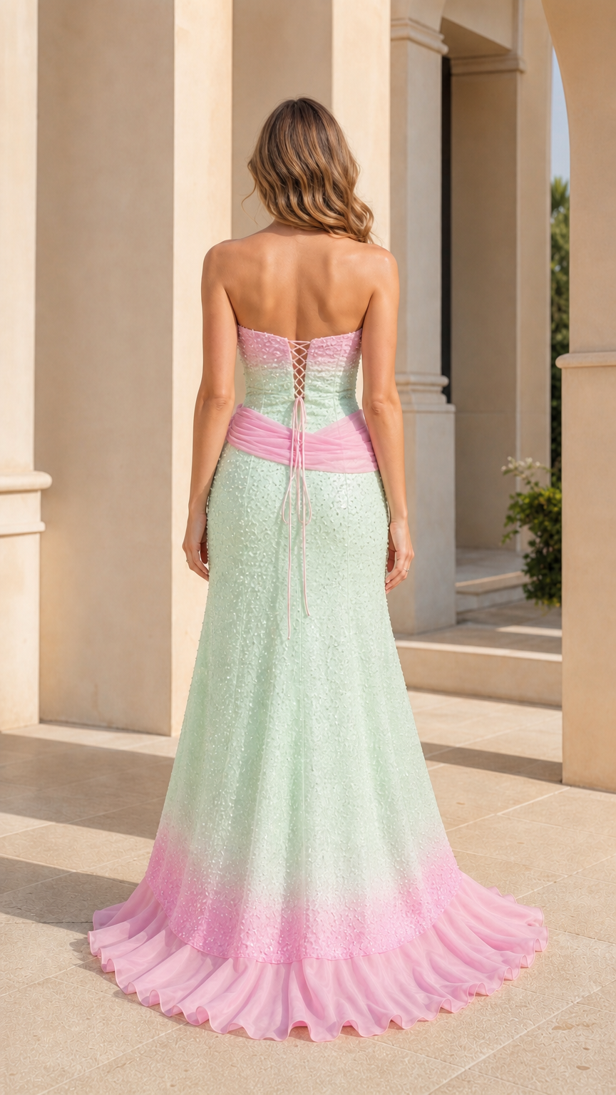 Back view of mint green and pink formal gown highlighting the lace-up corset back and floor-length hem