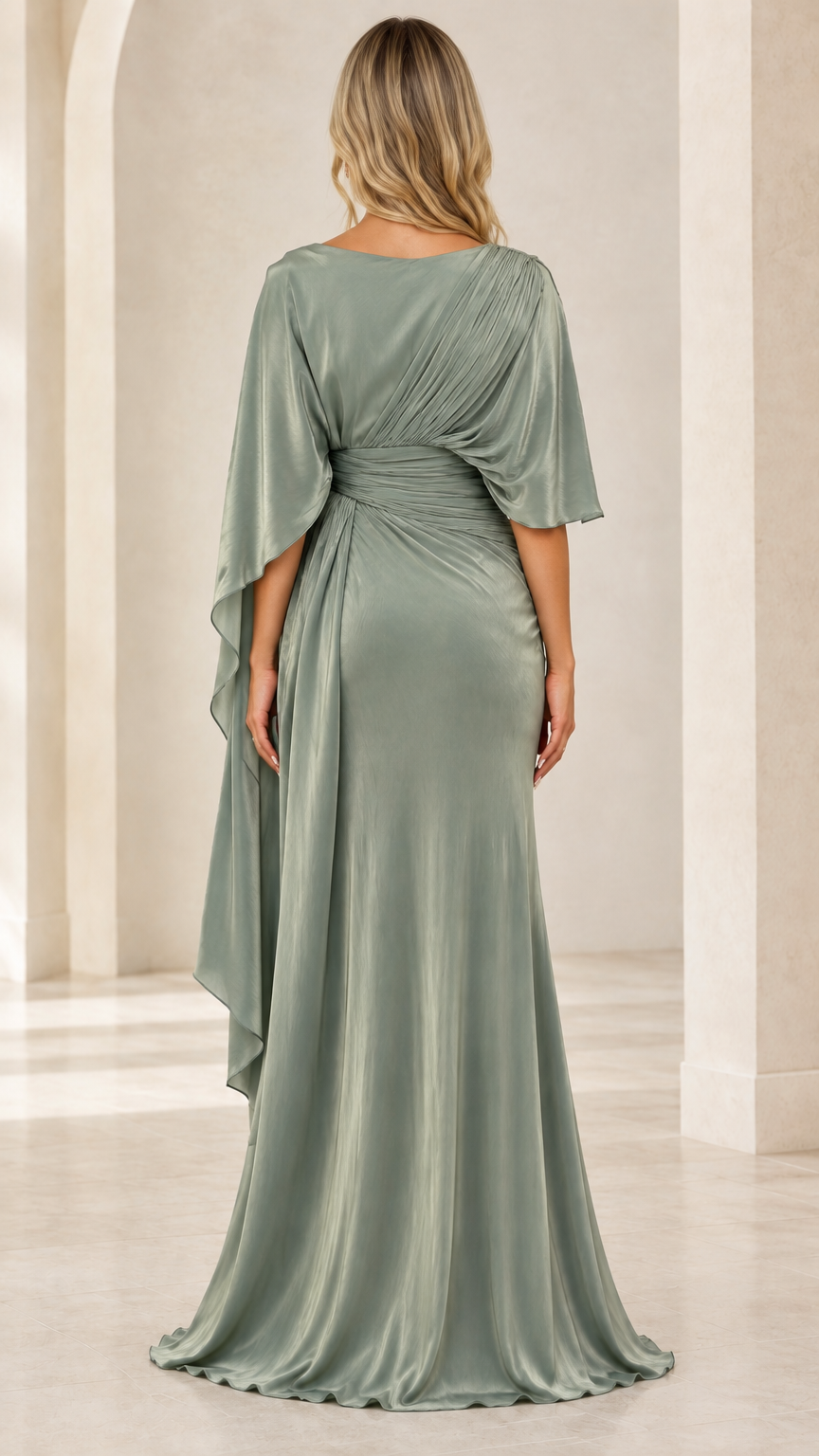 Sage Green draped cape back view floor length gown