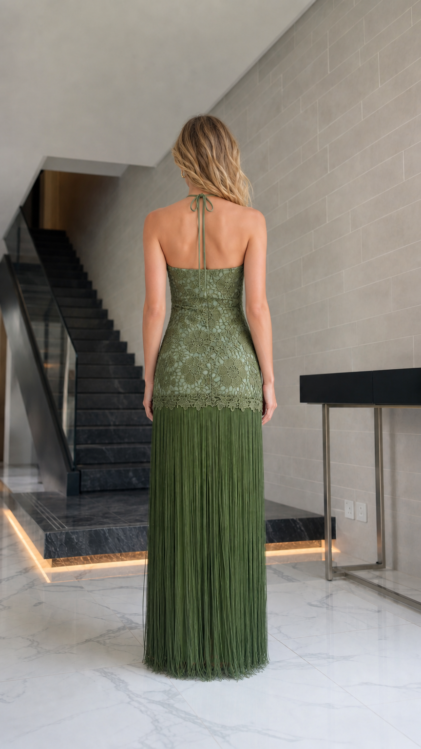 Elegance Halter Neck Lace and Fringe Maxi Dress in Olive back view