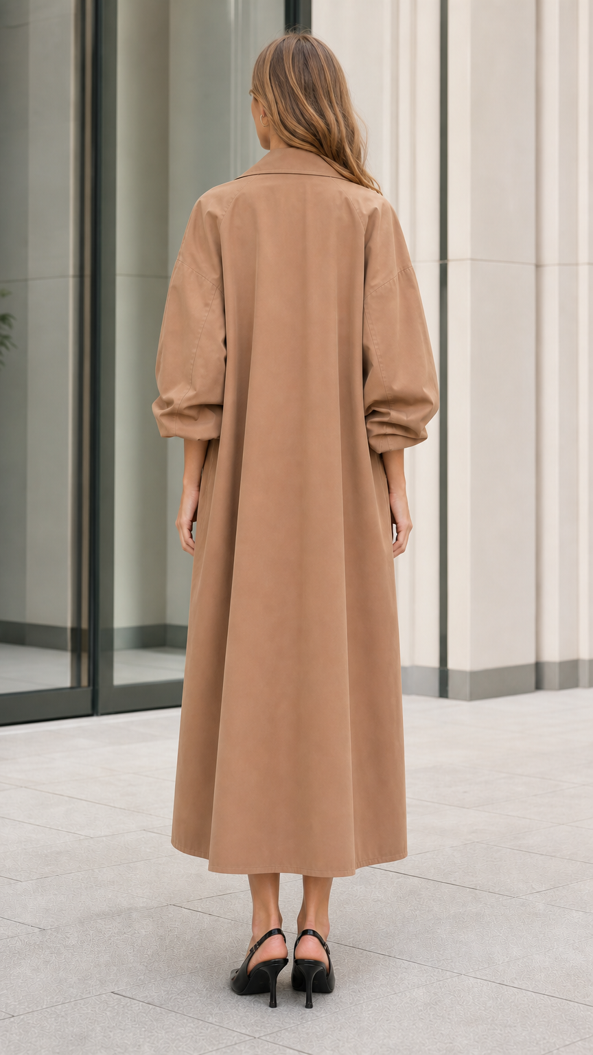 Back view of model showcasing the long sweeping silhouette of the camel trench coat