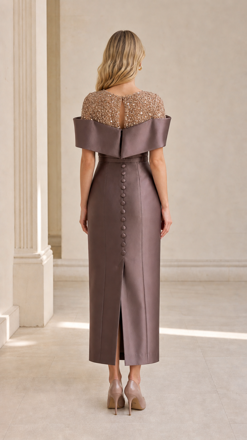 Back view showing button details and slit on taupe evening dress
