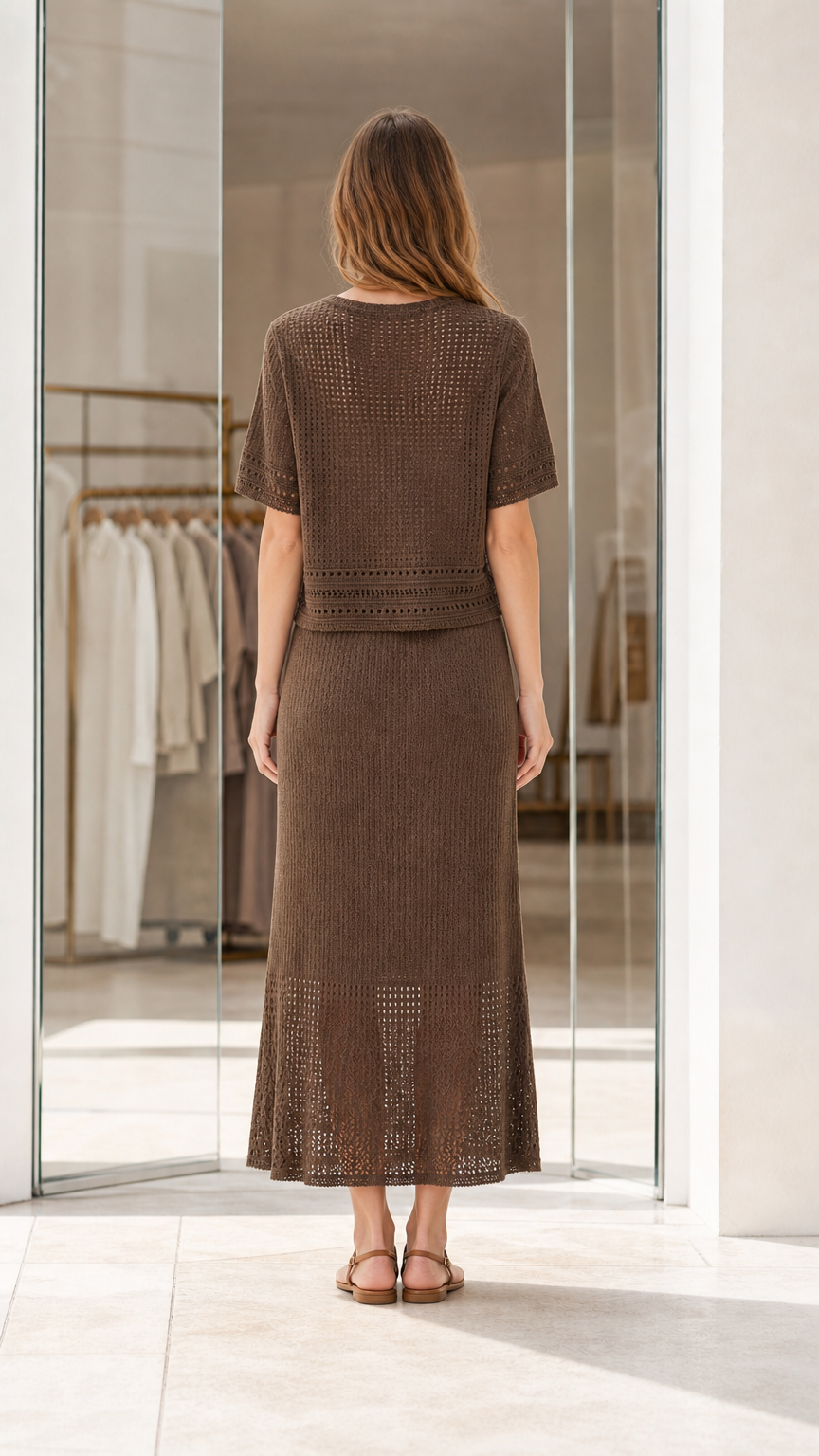 Back view of woman wearing brown two-piece knit co-ord skirt set