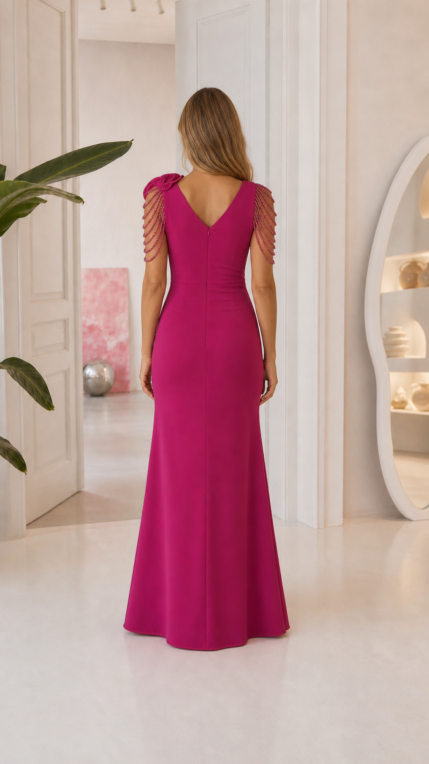 Back view of fuchsia floor-length evening dress