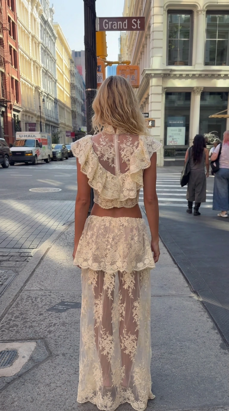 Back view of model wearing cream ruffled lace crop top and sheer lace skirt