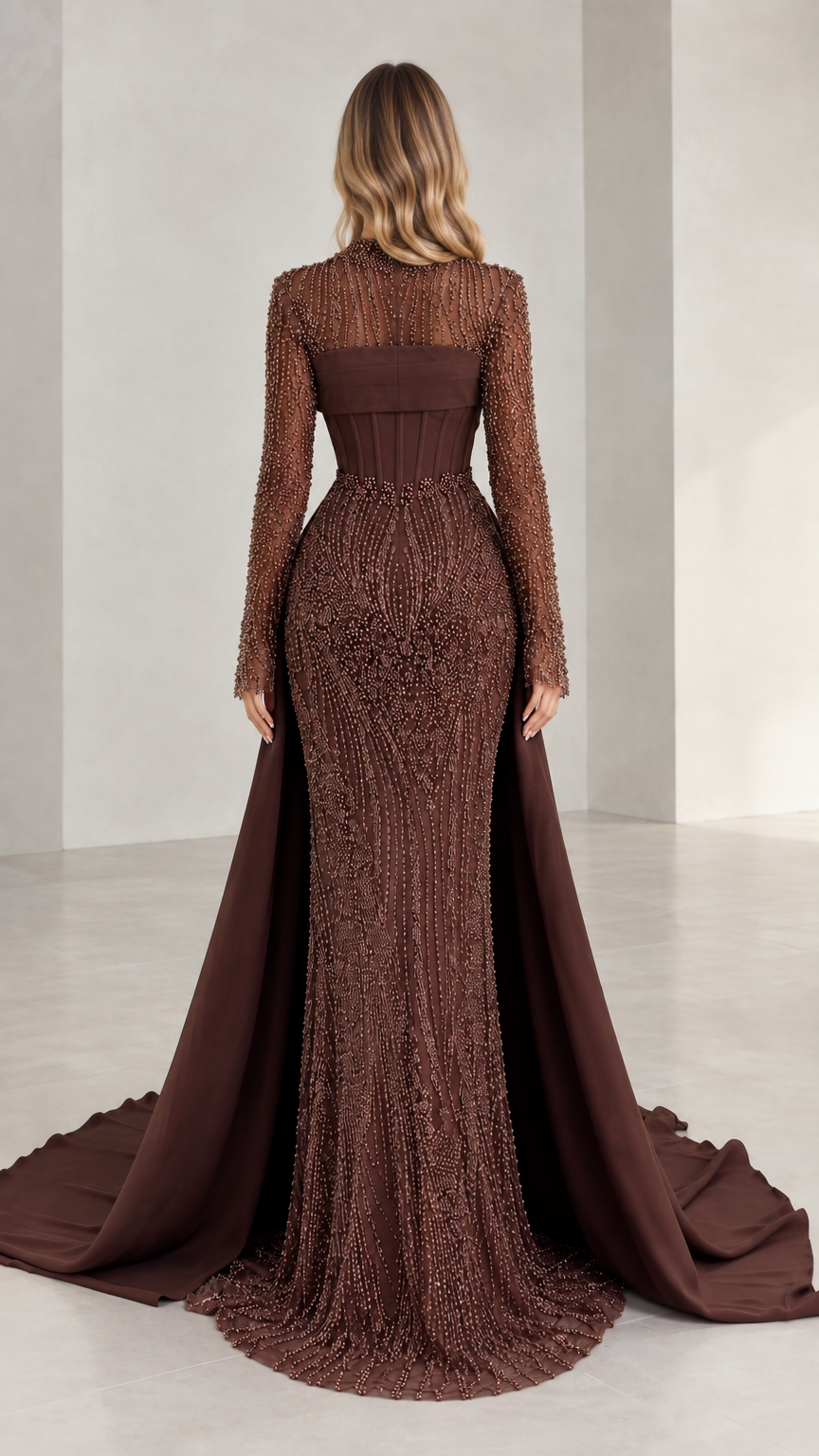 Back view of brown beaded evening gown showing sleek silhouette and attached dramatic train