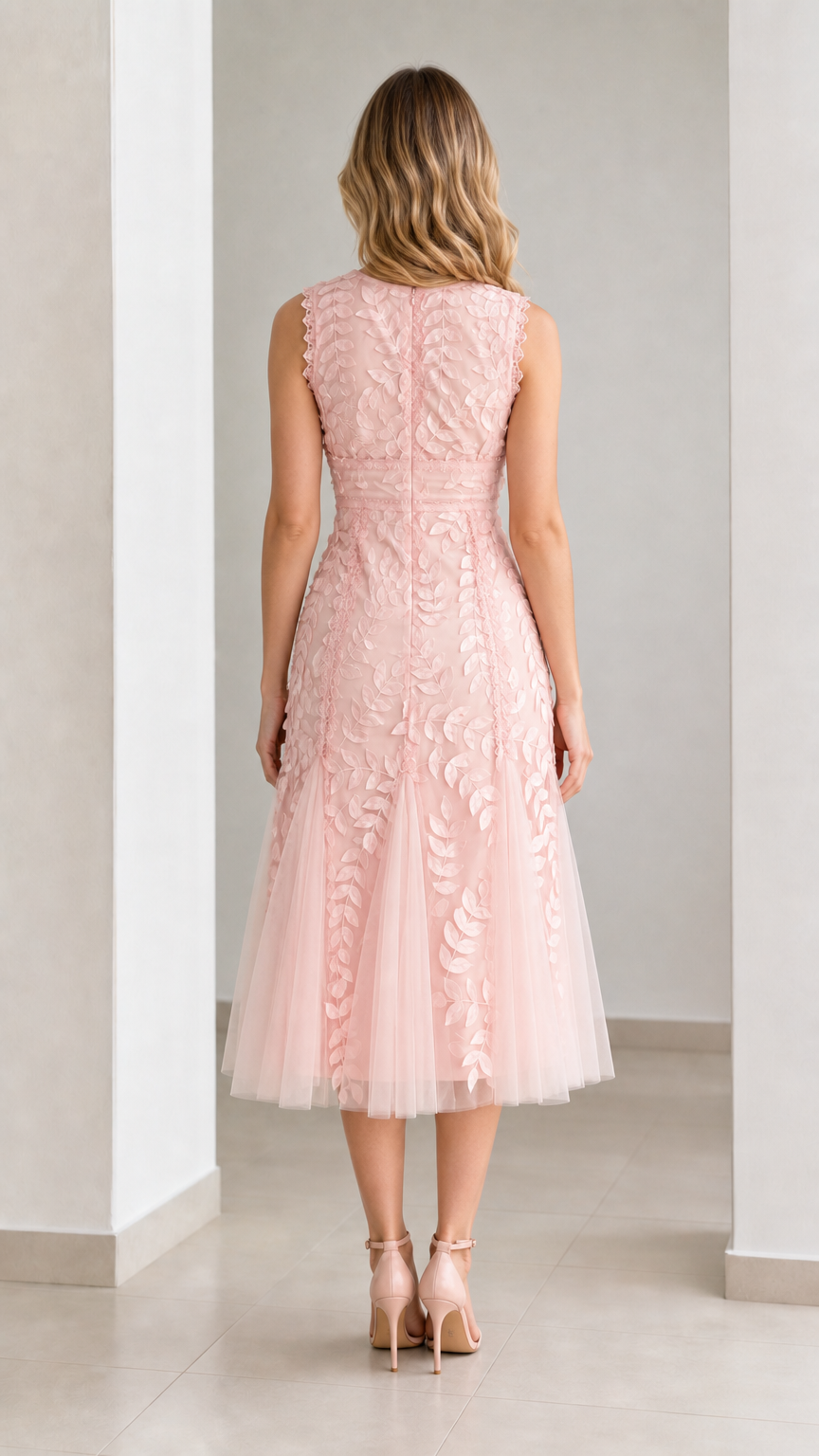 Back view of pink midi dress showing zipper and mesh flare