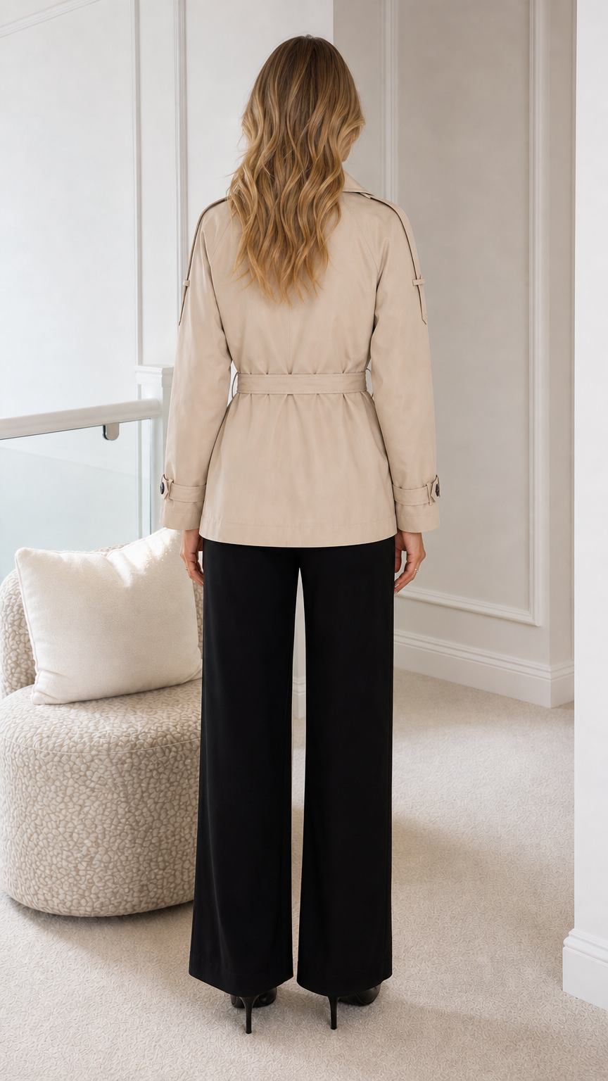 Back view of model wearing the beige hip-length belted trench coat