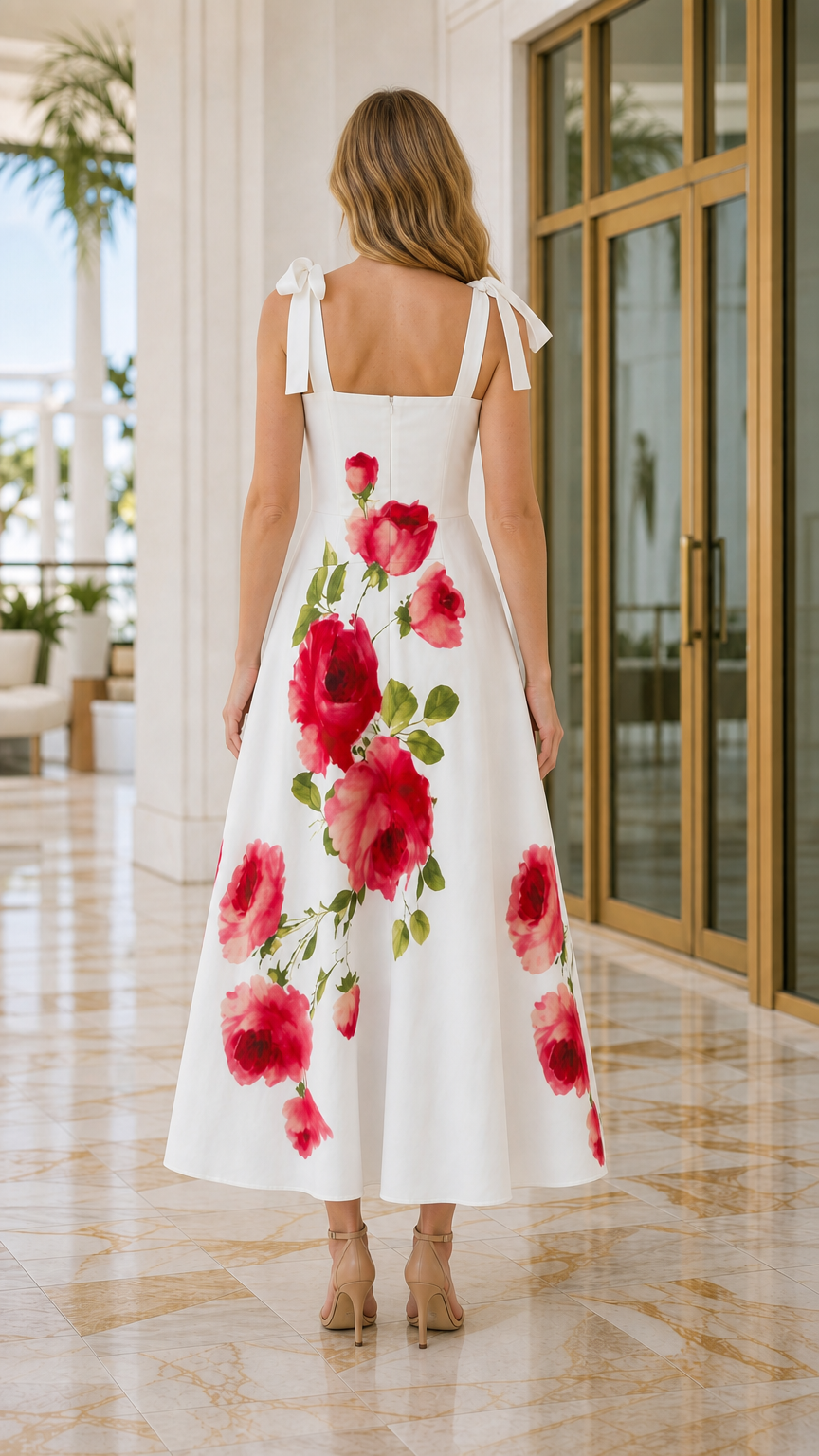 Back view of white floral maxi dress