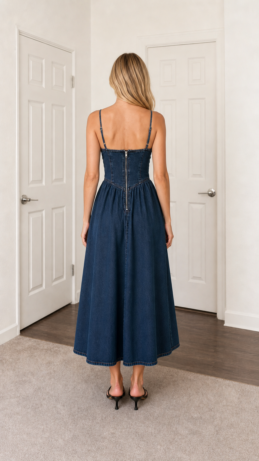 Back view of blue denim midi dress showing zipper