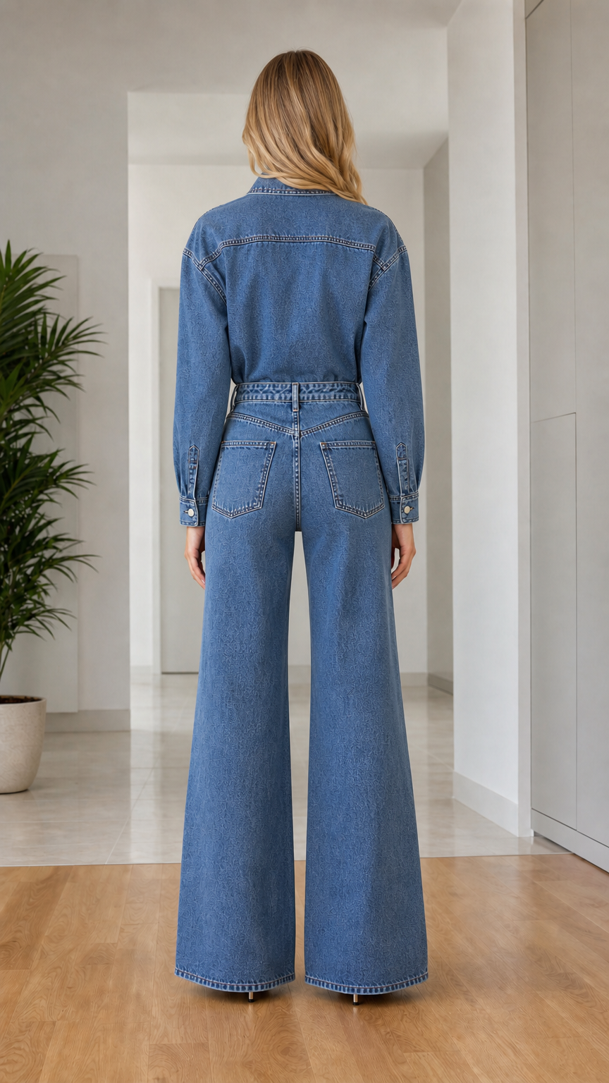 Back view of woman wearing medium blue denim jumpsuit with back pockets and wide leg pants