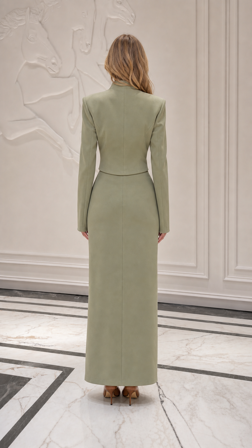 Back view of model wearing sage green matching set