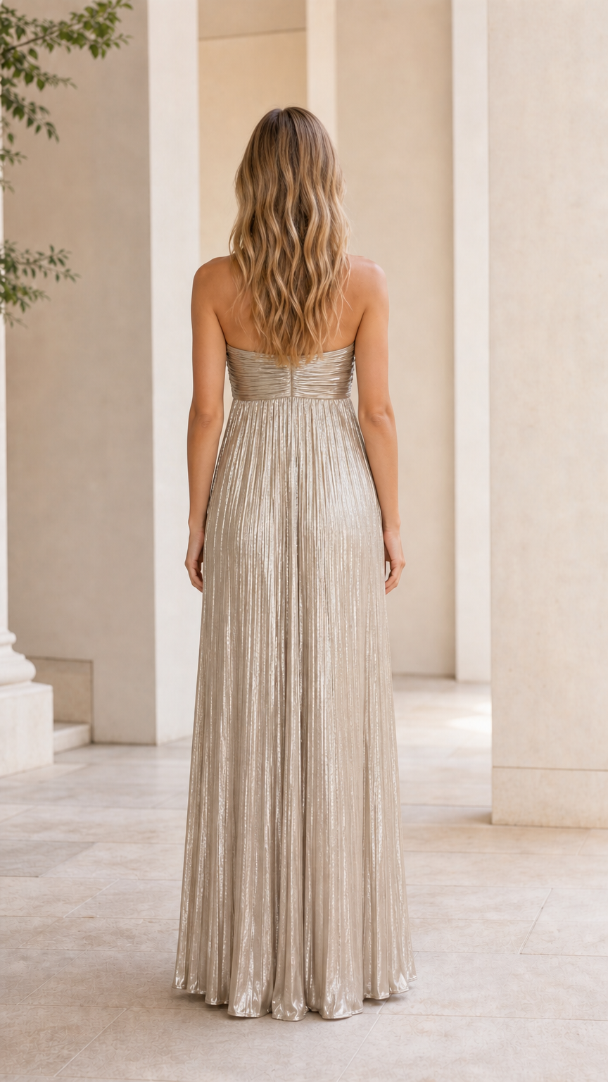Back view of model wearing gold metallic pleated strapless maxi dress