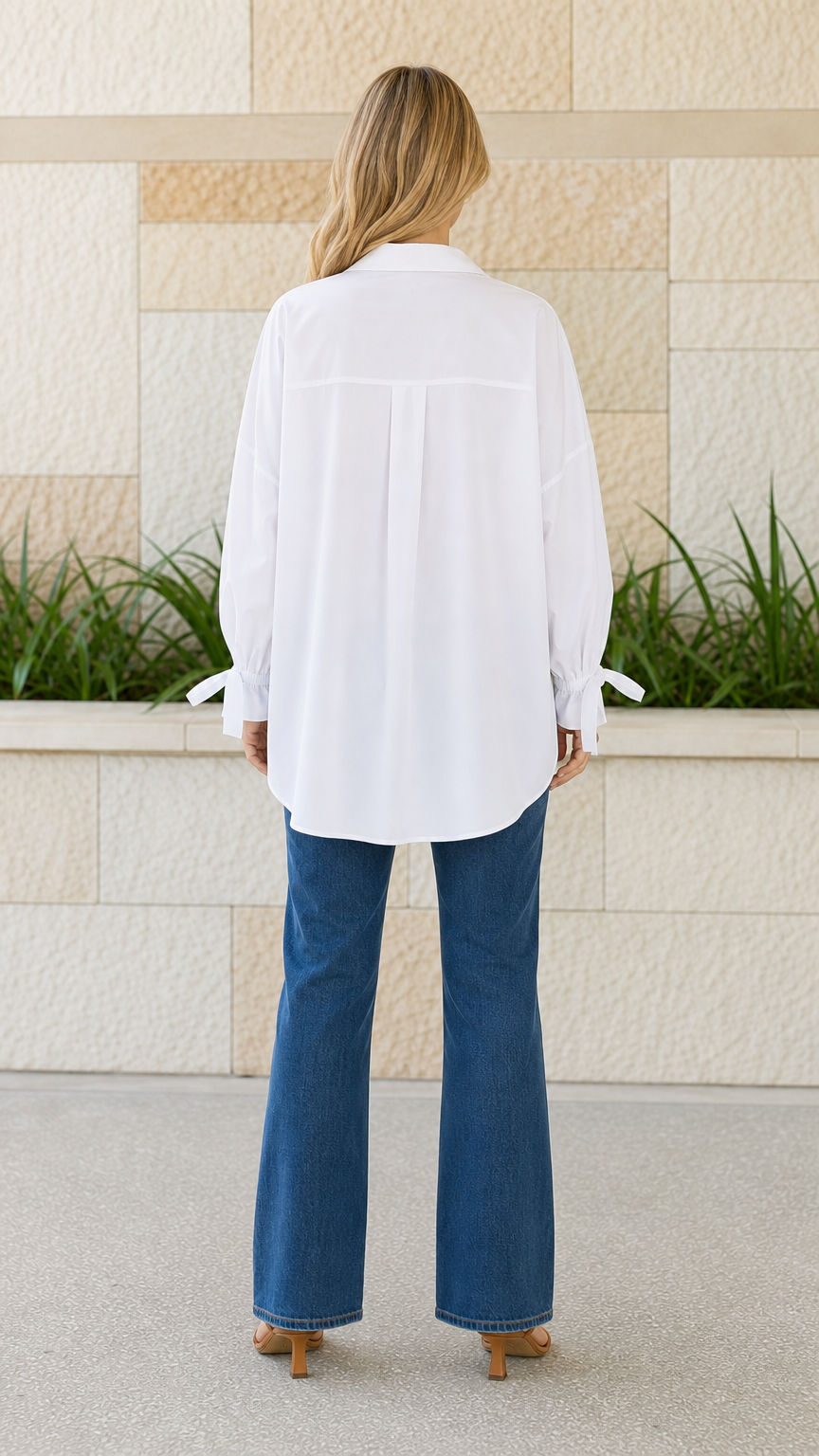 Back view of woman wearing white oversized button-down shirt with curved hem