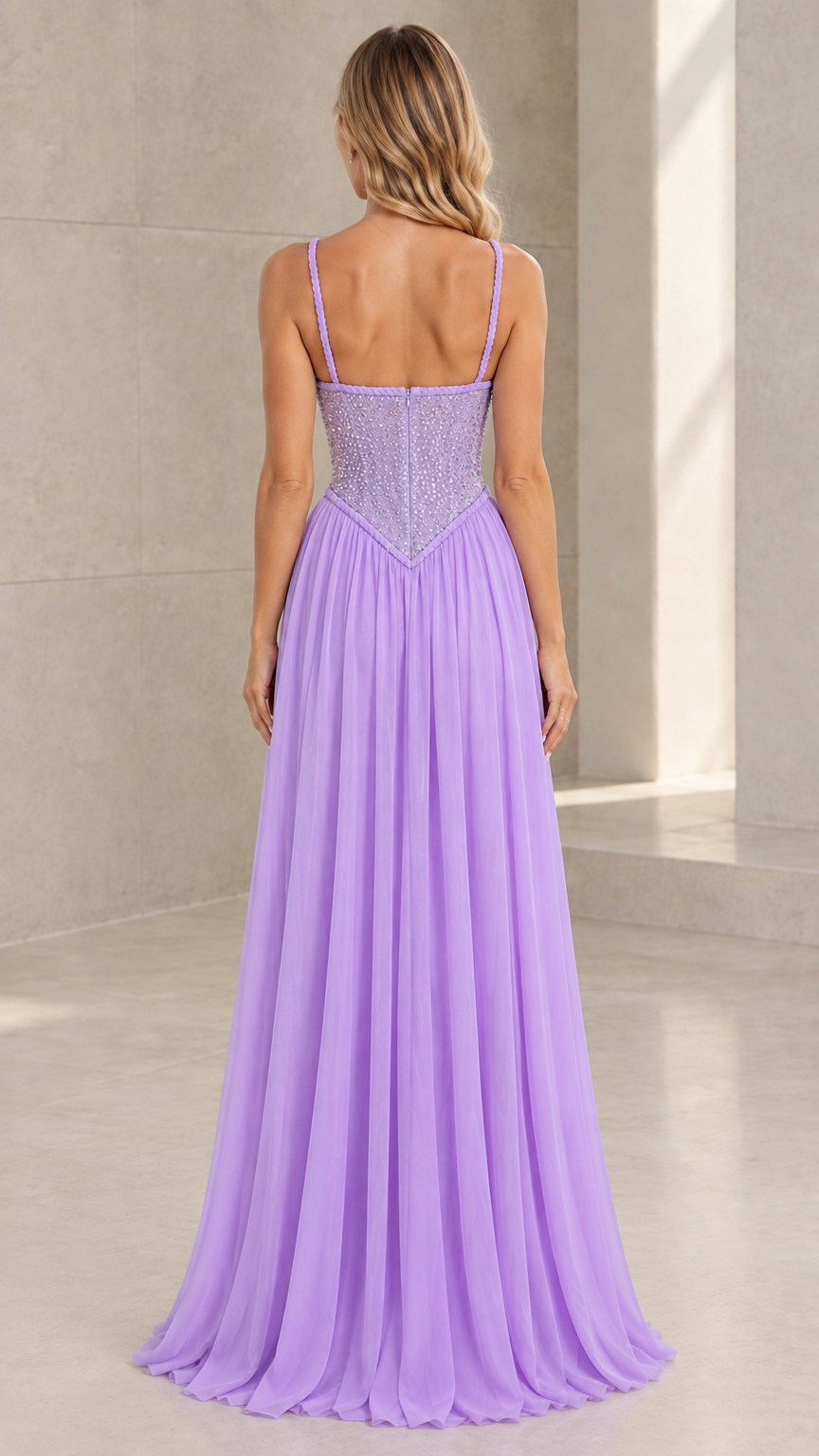 Back view of model in Lilac spaghetti strap pleated chiffon maxi dress