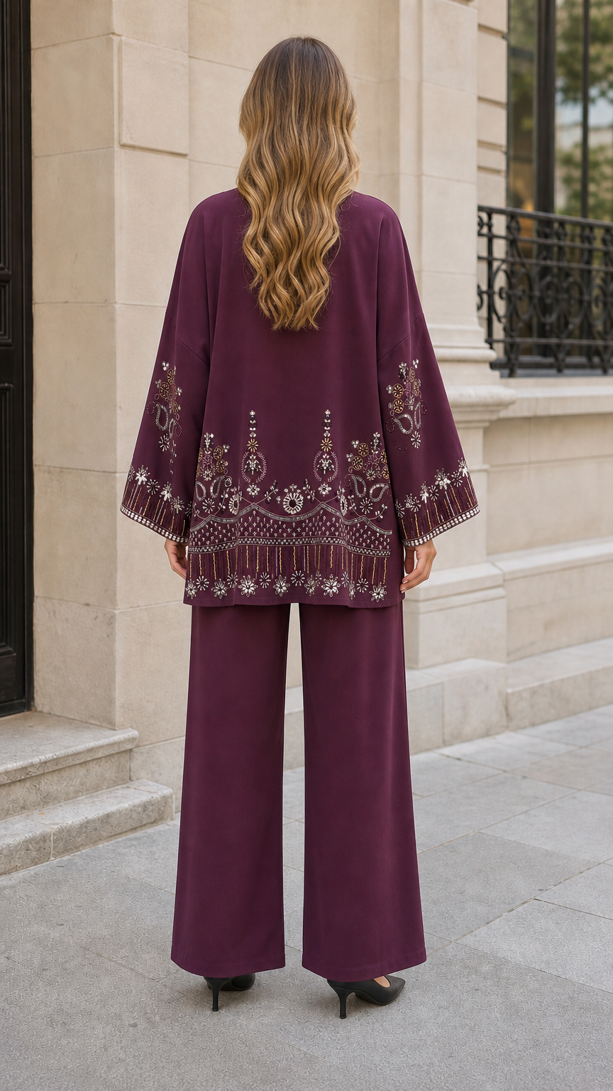 Back view of plum cardigan showing detailed embroidery on hemline and sleeves