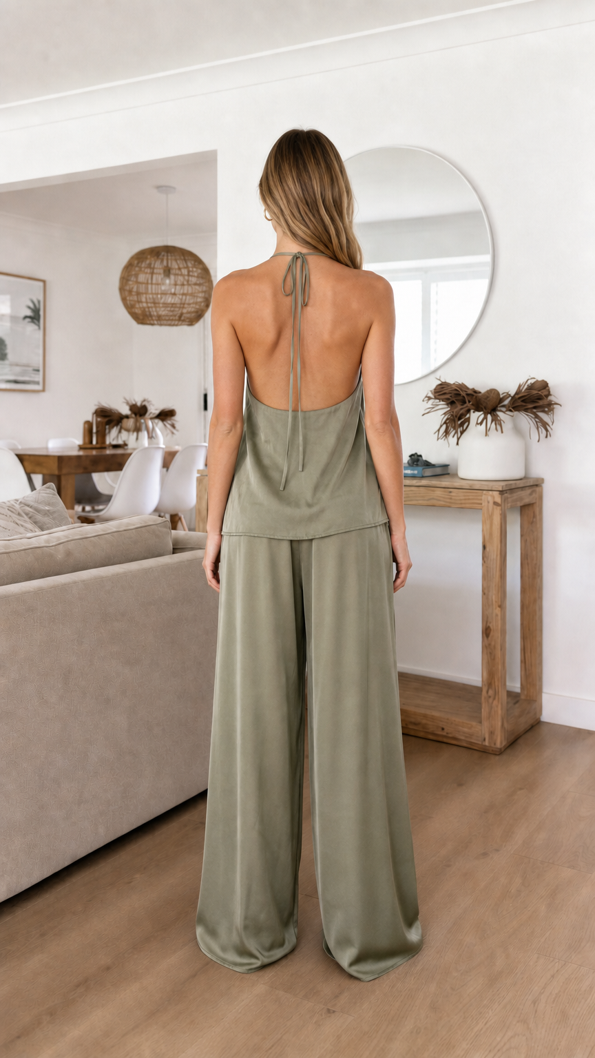 Back view of model in sage green satin halter top and trousers