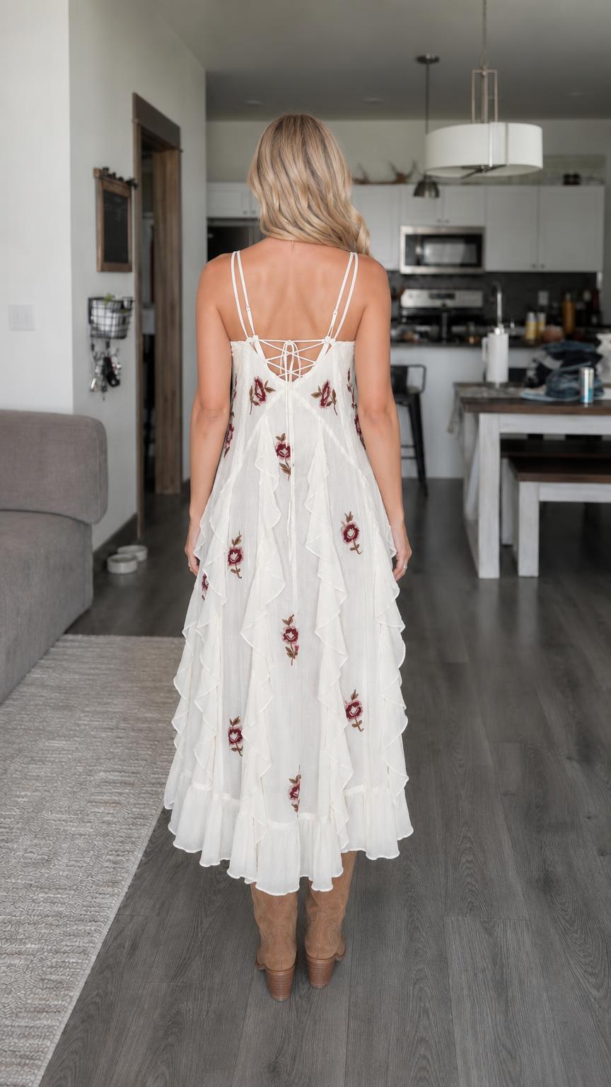 Model wearing white ruffle hem dress back view showing lace-up detail