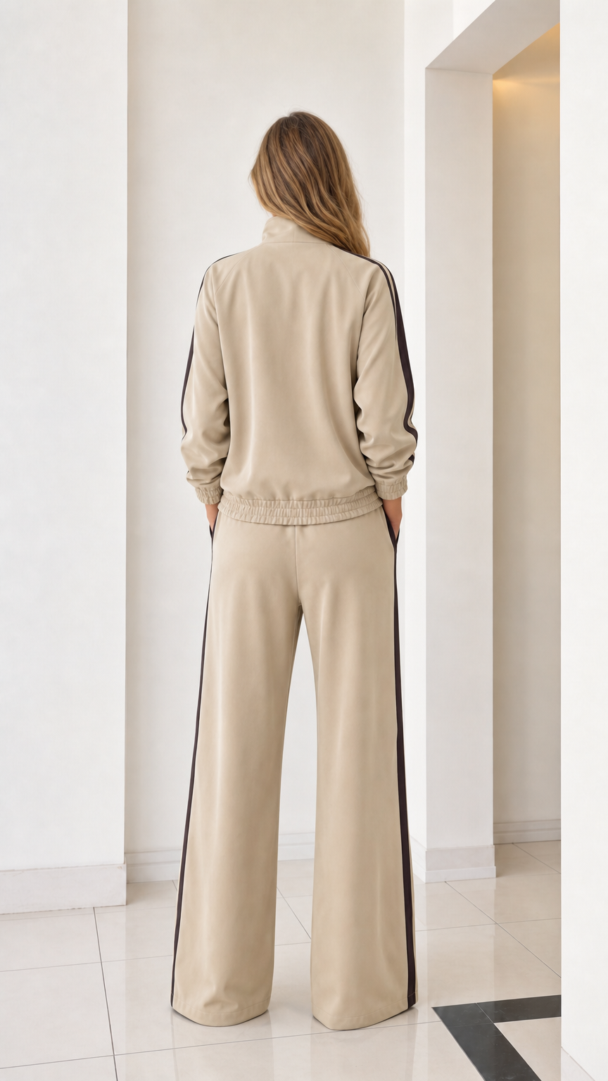 Back view of women's beige wide-leg tracksuit set