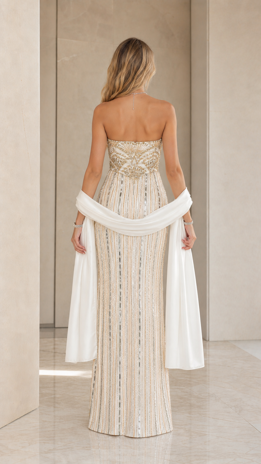 Champagne strapless floor-length evening dress with shawl - back view