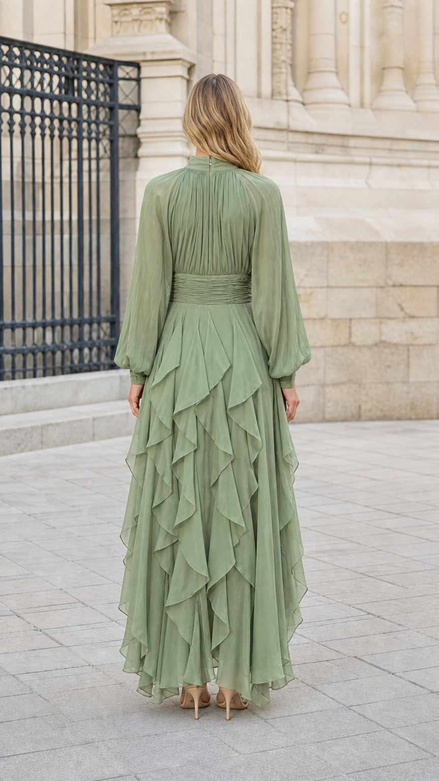 Back view of model in sage green pleated bodice chiffon maxi dress