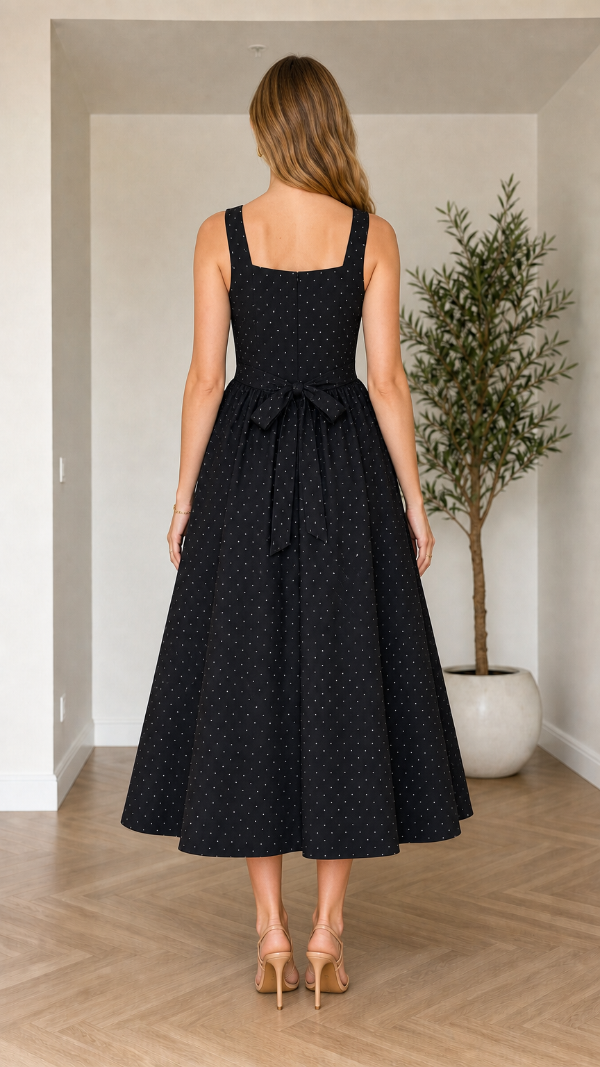 Back view of model showing back tie detail on black polka dot dress