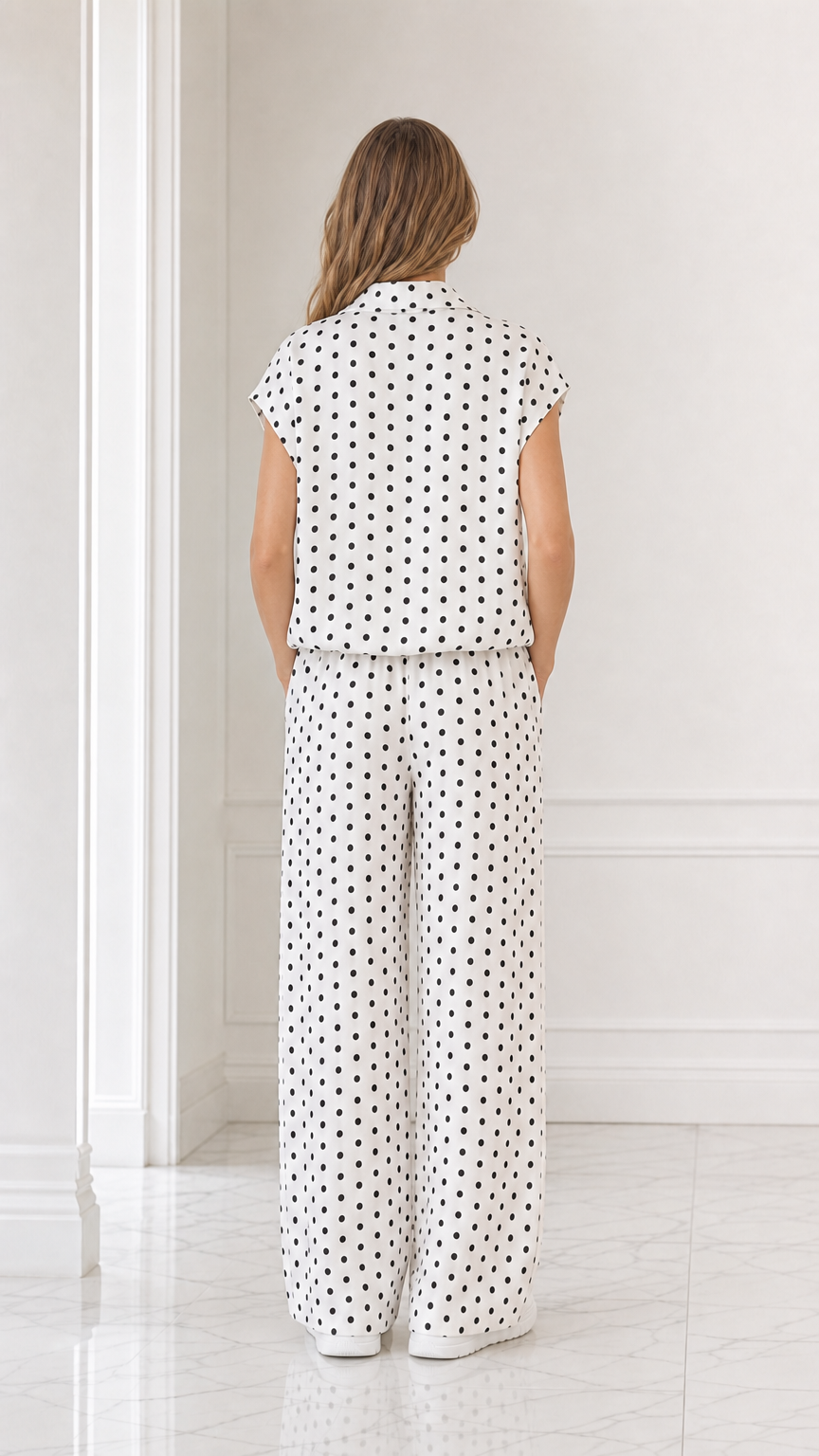 Back view of model showcasing the relaxed fit of the white polka dot 2-piece set