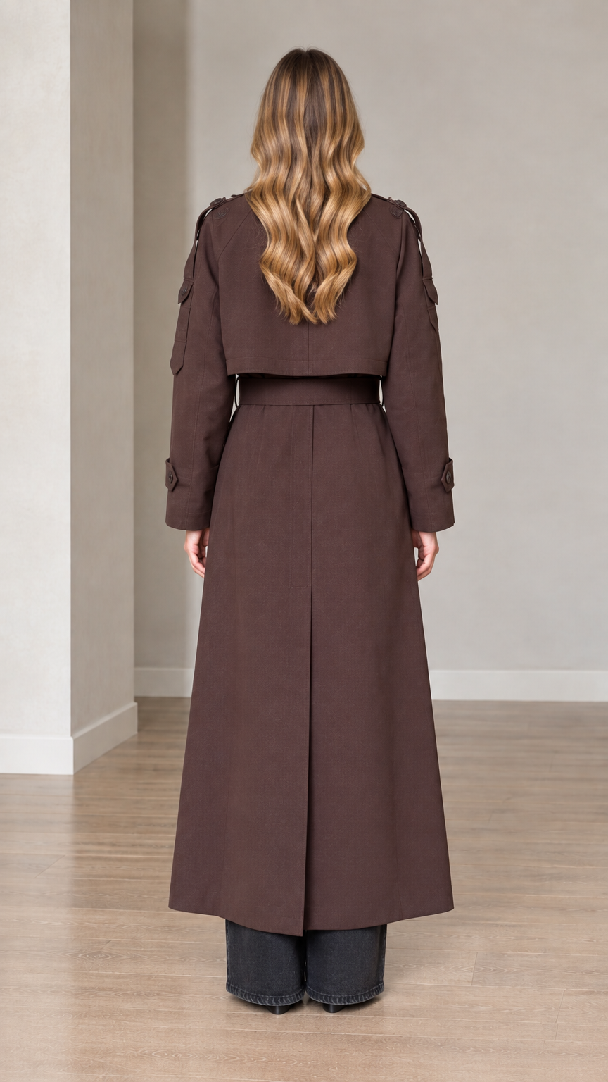 Back view of woman wearing belted brown long trench coat with storm flap