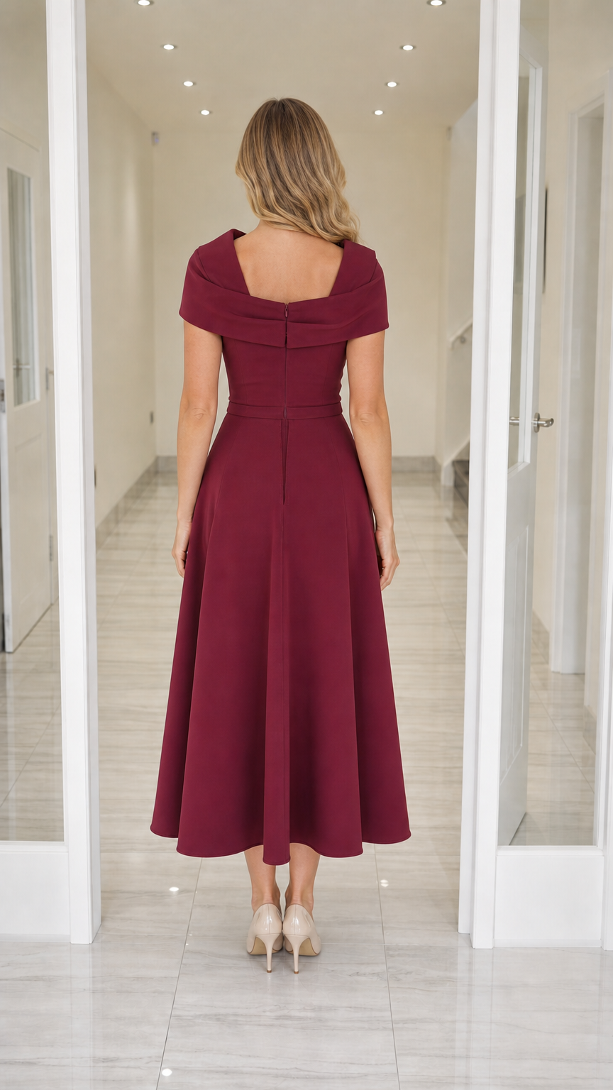 Back view of burgundy midi dress