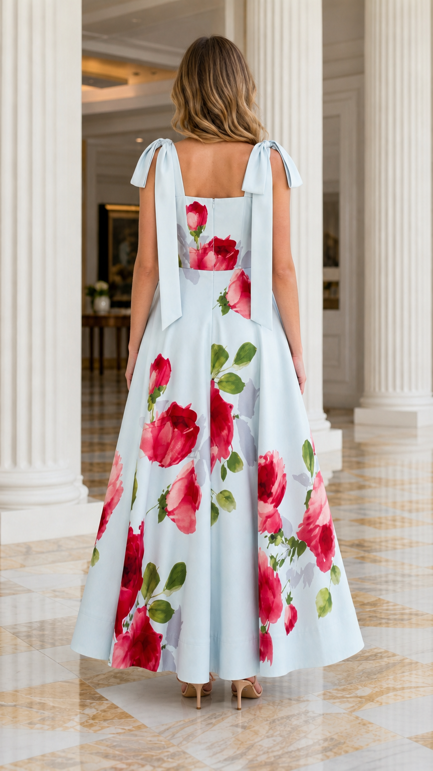 Back view showcasing tie straps and back zipper on light blue maxi dress