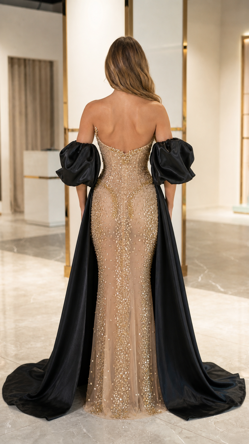 Champagne gold beaded mermaid gown showing open back and black train
