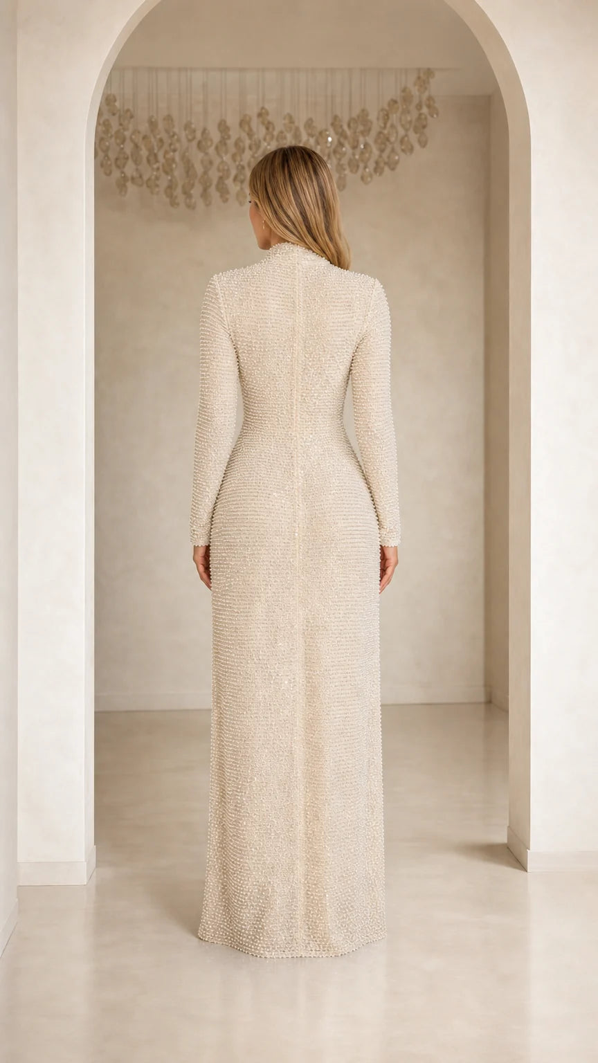 Back view of model in Champagne evening gown