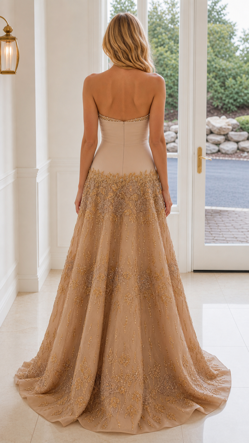 Back view of Champagne strapless evening dress with sweeping skirt