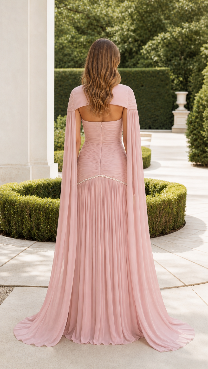 Back view of dusty pink evening gown highlighting open-back cape design and floor-sweeping train