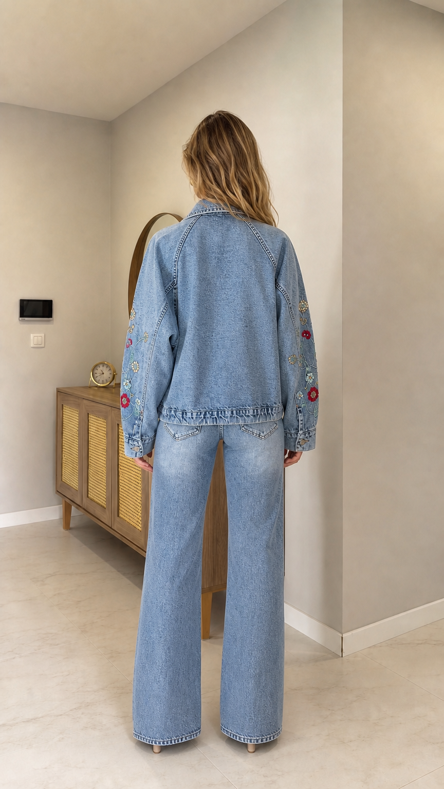 Back view of woman wearing Light Blue denim jacket showing raglan sleeve design