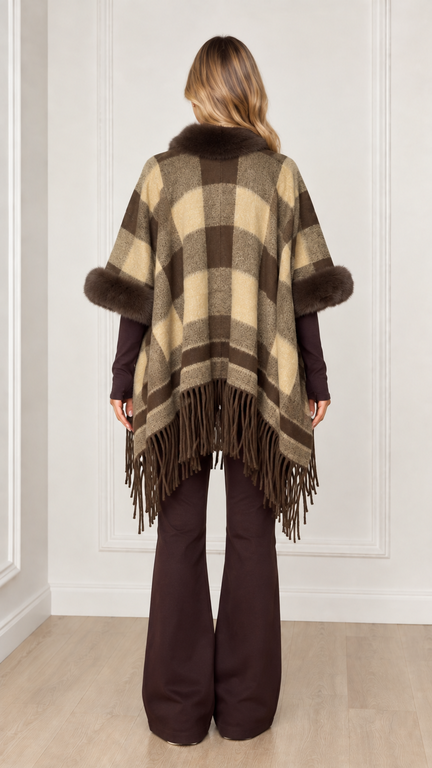 Back view of olive khaki plaid fringe poncho wrap