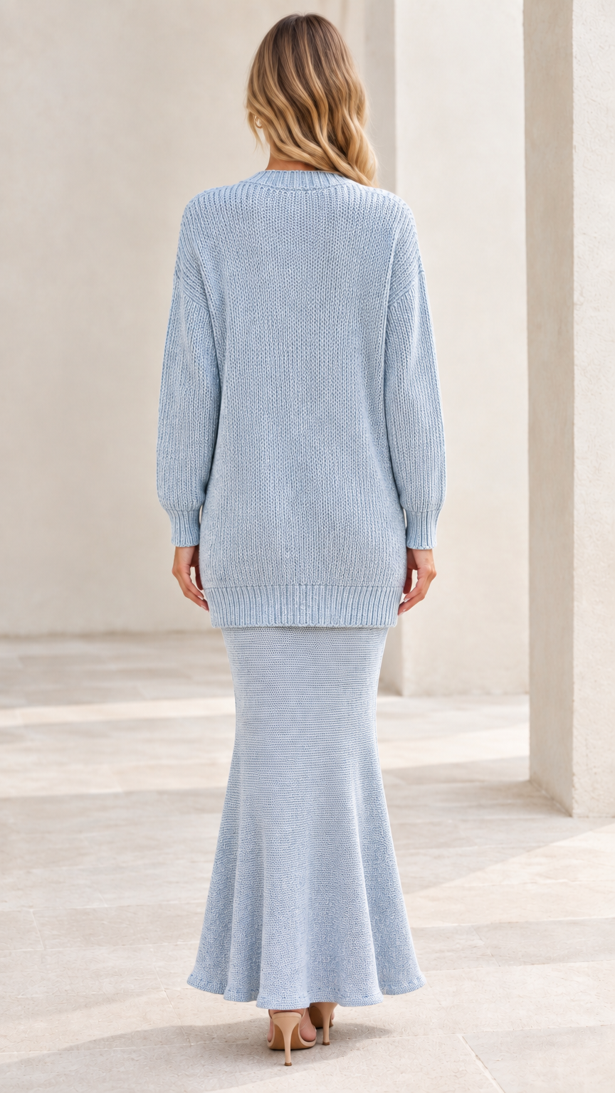 Light blue knit longline sweater cardigan and maxi skirt set back view