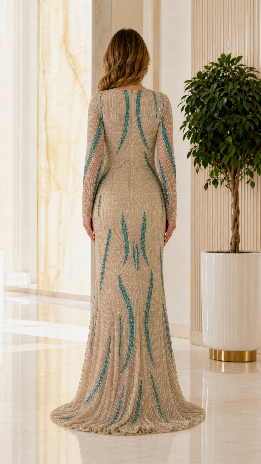 Back view of champagne evening gown with sweep train