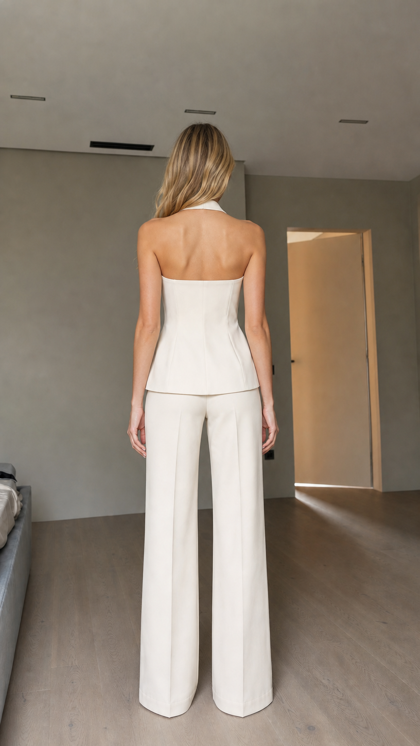 Model wearing white pants set back view