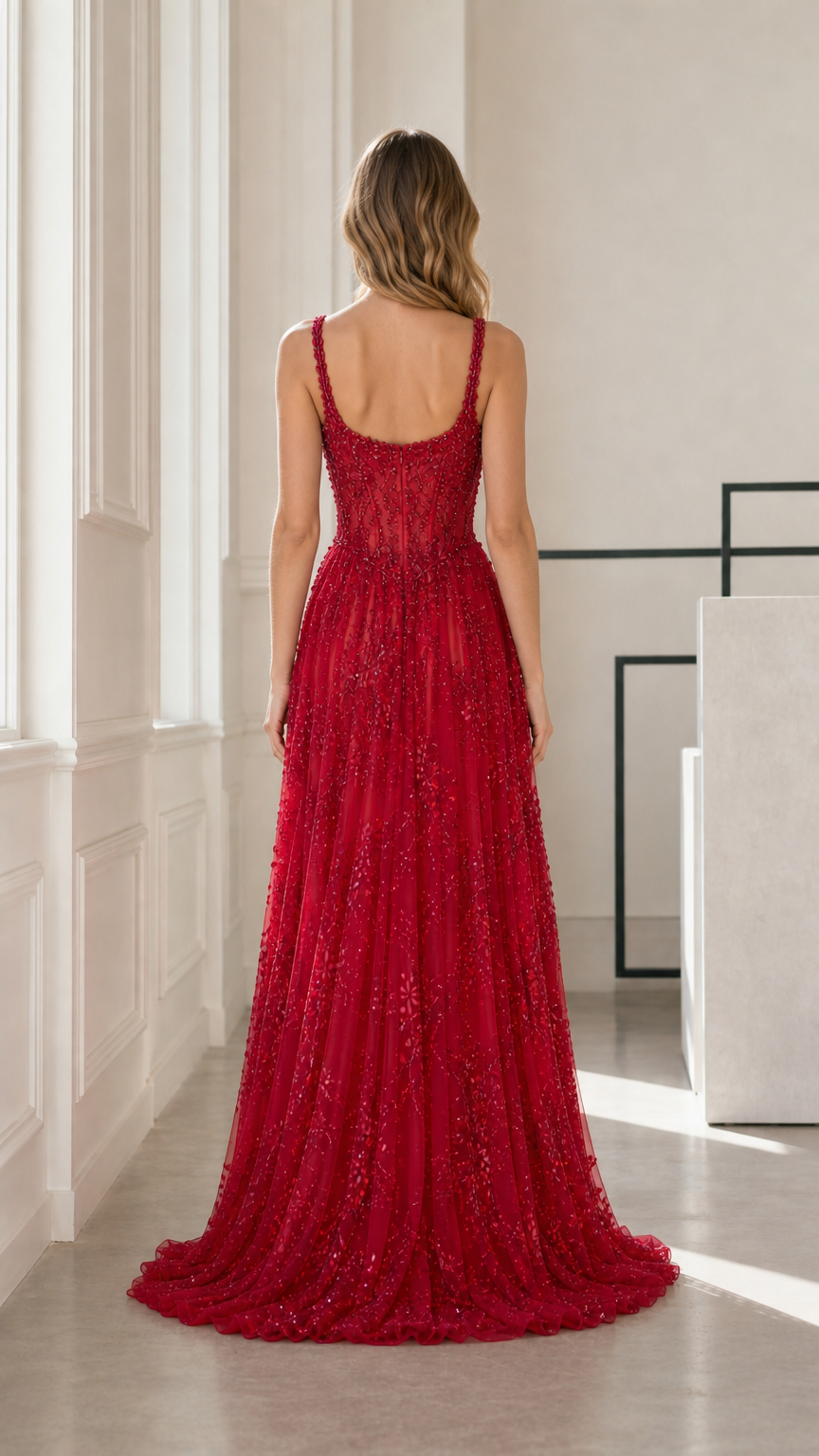 Back view of red beaded evening gown